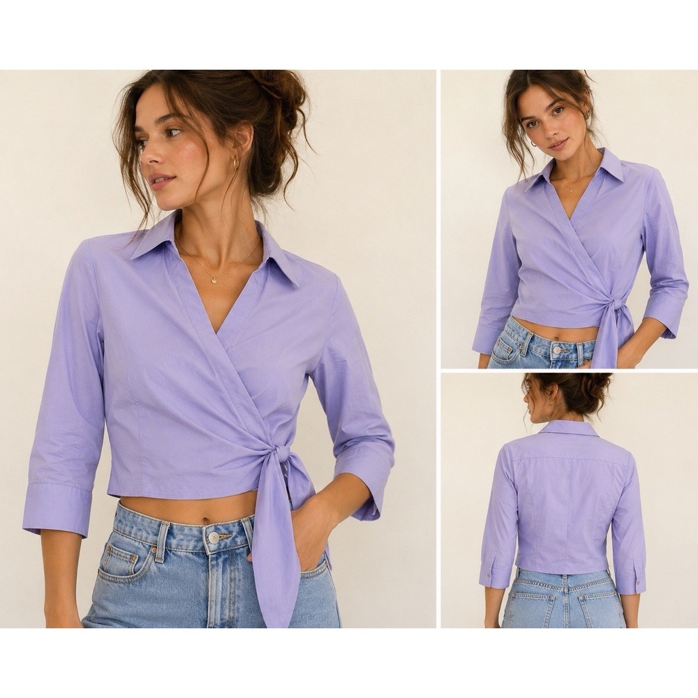 Lafayette 148 New York Lavender Wrap Blouse Top Size 2 Cotton Career Office‎